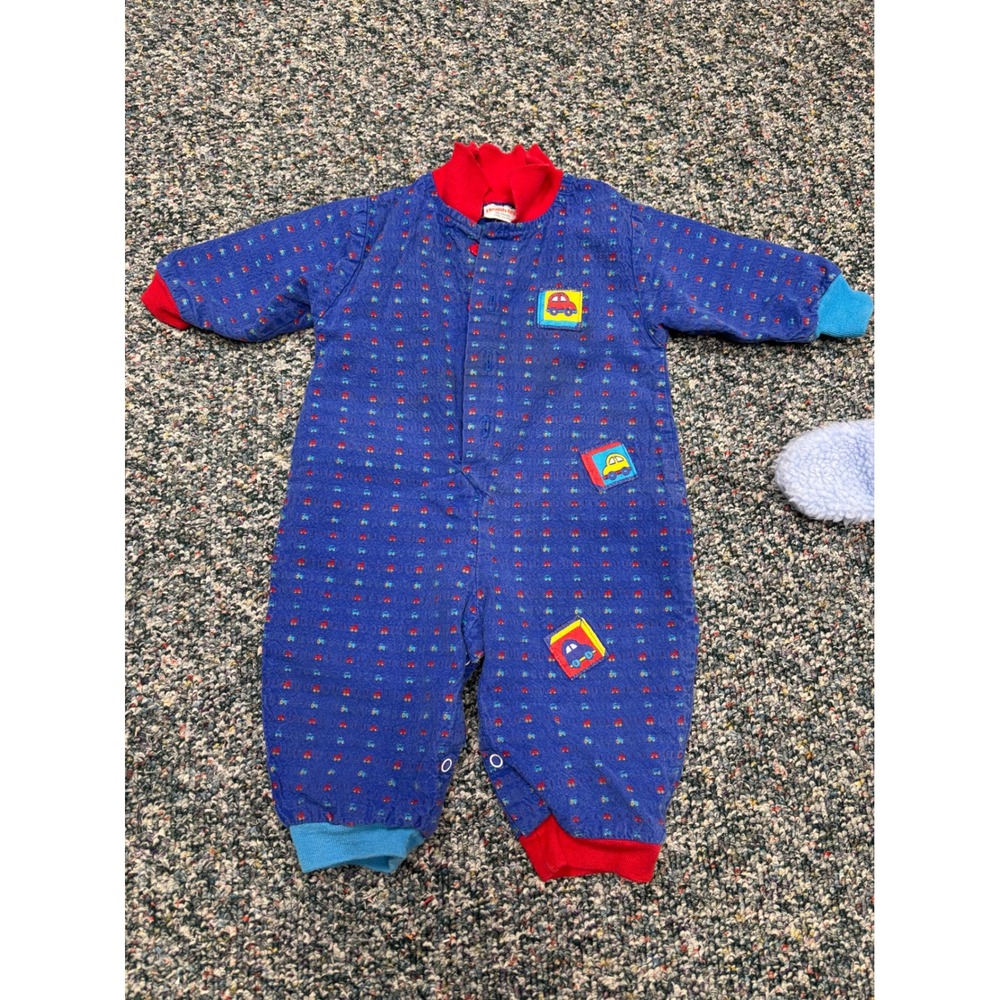 Vintage Health-tex Baby Boys 12M Blue Car Print Romper One Piece Red Collar USA